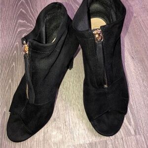 Cato Black Suede Peep-Toe Ankle Boots with Gold Zipper